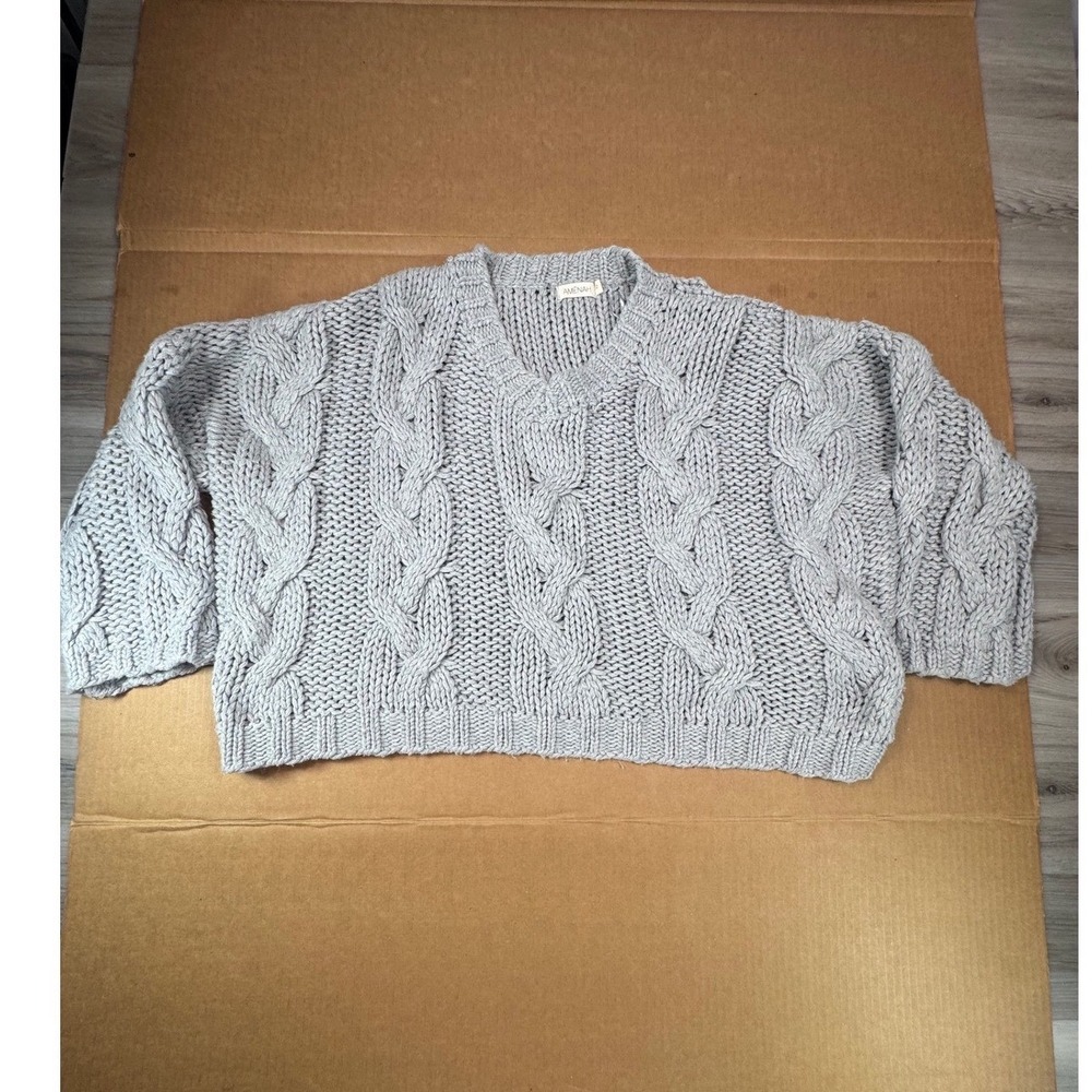 AMENAH Grey Cable Knit V Neck Cropped Sweater WMNS M Cozy Chunky cottagecore‎